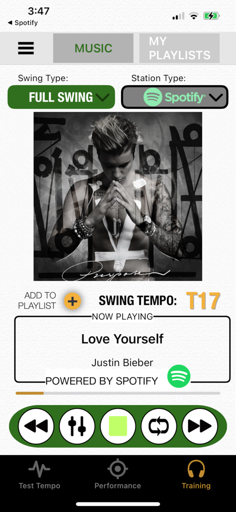 Tempo In Motion app music player interface integrated with Spotify for golf swing tempo training