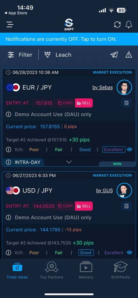 Interfaz de la aplicación Shift que muestra ideas de estrategias de trading de forex y datos de ejecución del mercado de divisas.