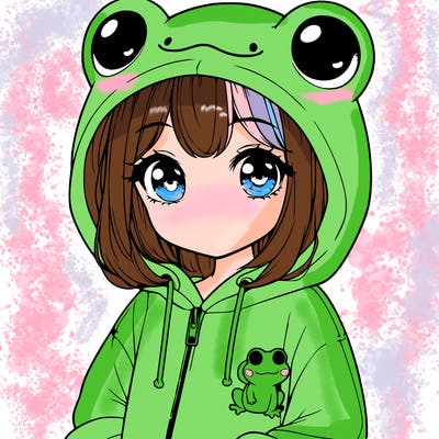 cute realistic girl in a froggy hoodie