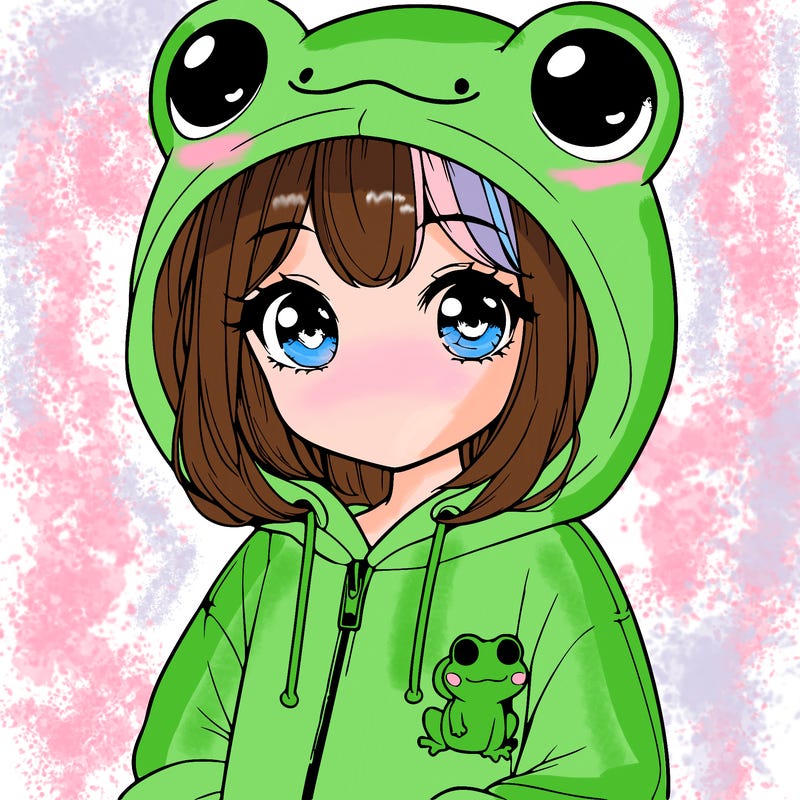 cute realistic girl in a froggy hoodie