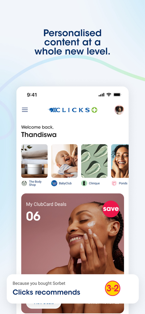 ClubCardユーザー向けのパーソナライズされた美容および健康の取引を示すClicksモバイルアプリのインターフェース