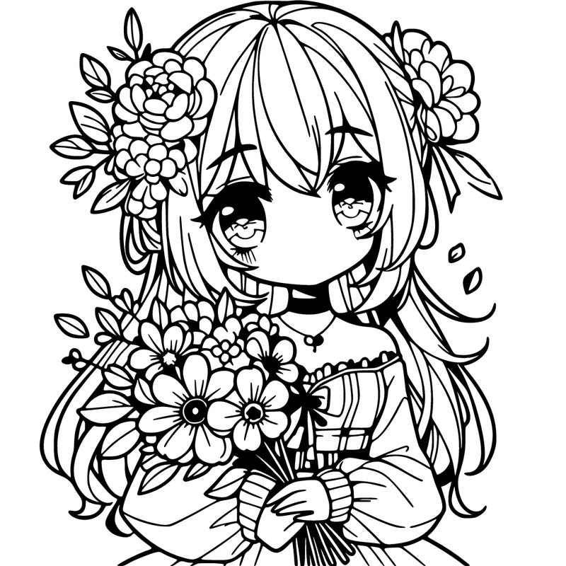cute anime girl with holding flowers