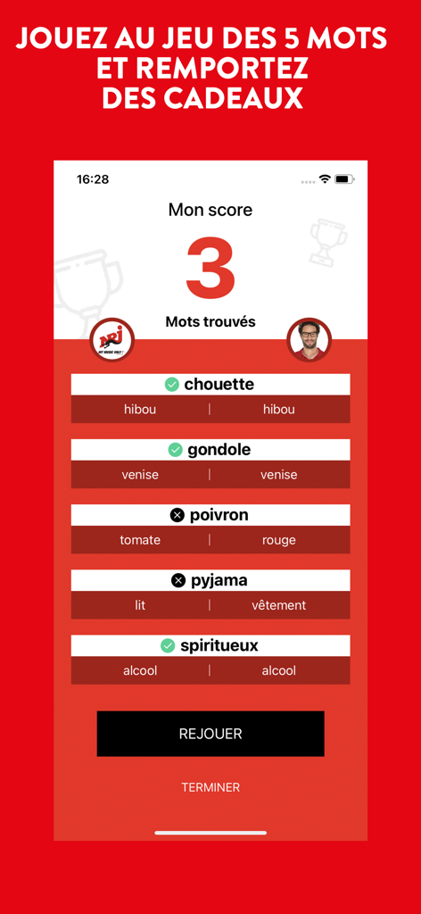 Manu sur NRJ - Capture d'écran du jeu des cinq mots dans l'application Manu sur NRJ montrant un score de trois pour le joueur.