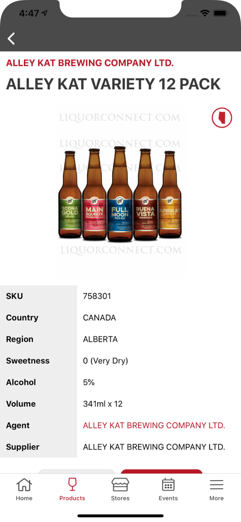 Product details screen of the Liquor Connect app showing Alley Kat Variety 12 Pack