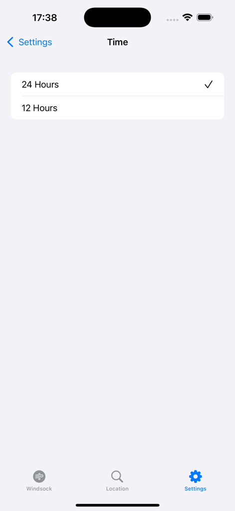 Windsockアプリの設定画面、12時間形式と24時間形式の選択。