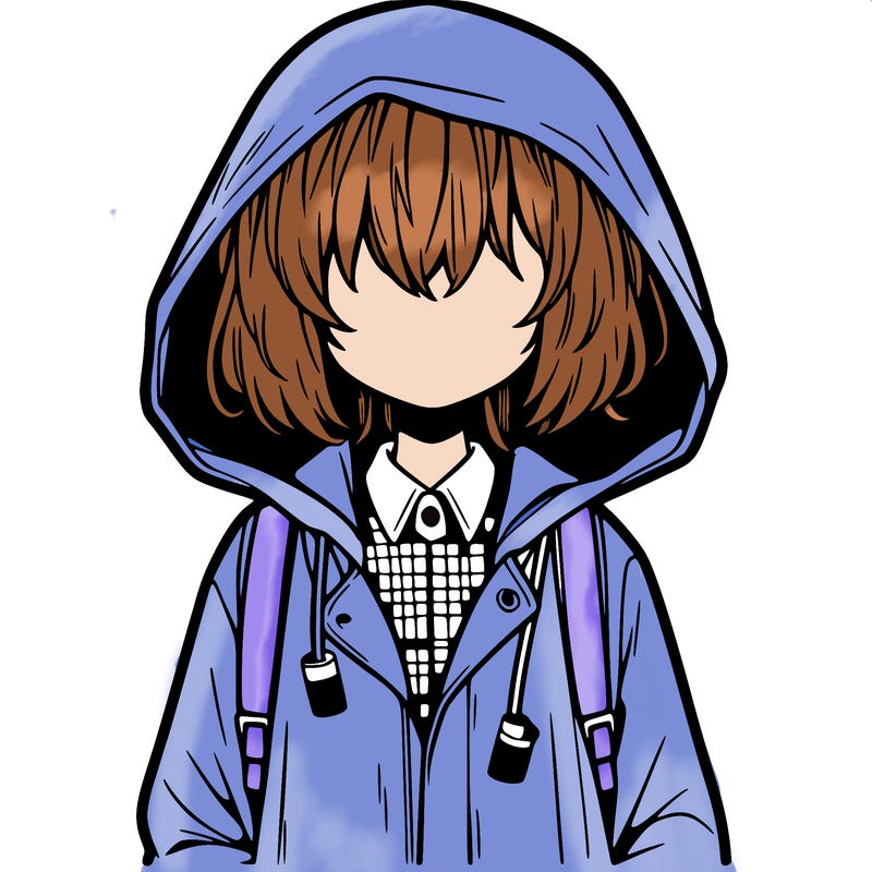 little anime girl in a raincoat her hair is covering her eyes she has a lighter