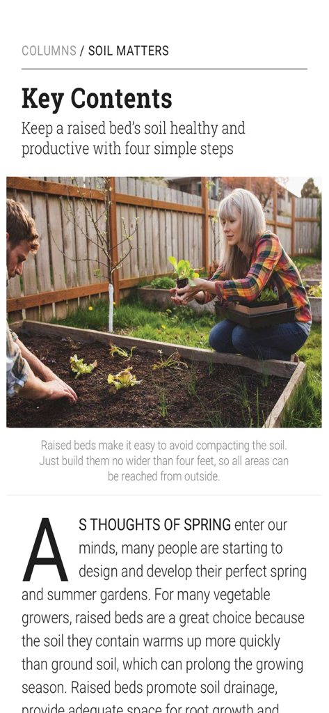 An article in the Horticulture Magazine app about soil health in raised garden beds featuring people gardening.