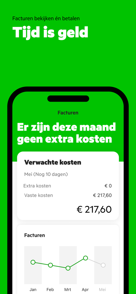 MijnKPN Zakelijk app interface showing monthly business costs and an invoice history chart
