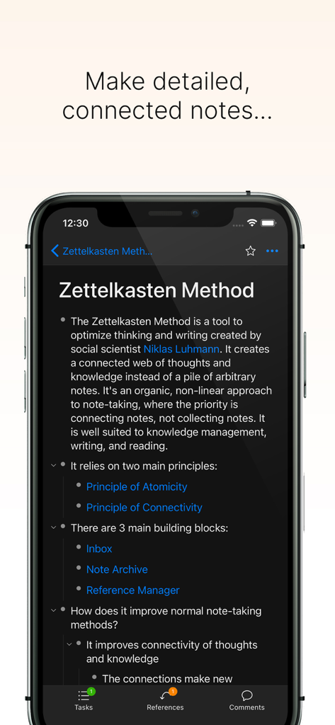 Hypernotes by Zenkit - Hypernotes app interface showing a connected note explaining the Zettelkasten Method