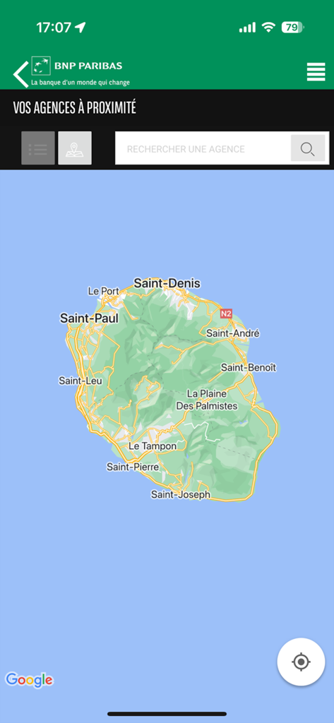 BNP Paribas Réunion - Map of Reunion Island in the BNP Paribas Réunion app showing branch locations