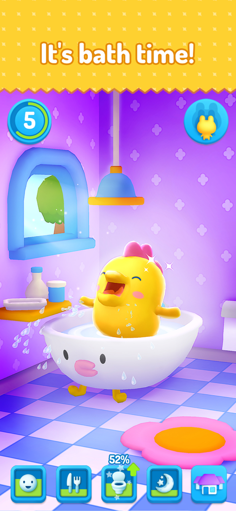 A yellow Tamagotchi character taking a bath in a cute purple bathroom.