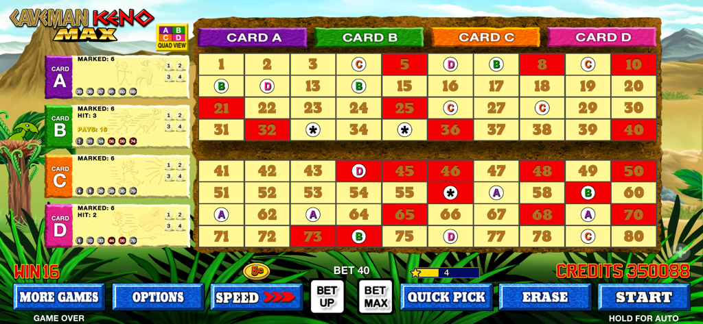 Caveman Keno Max Gameplay-Bildschirm, der vier Karten in Quad-Ansicht zeigt