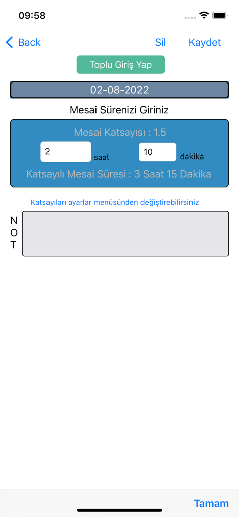 Mesailerim - A mobile interface for entering overtime hours and minutes in the Turkish app Mesailerim.