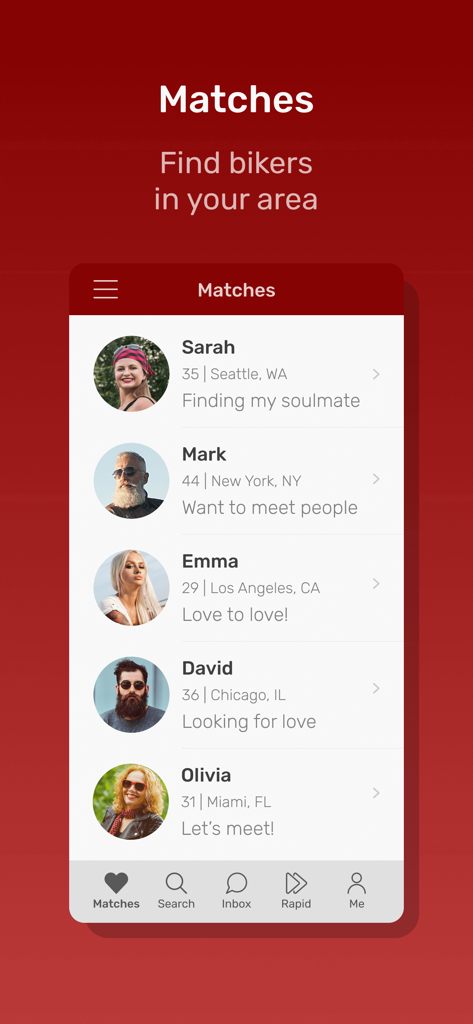 Biker Planet Dating App - Biker Planet dating app interface showing a list of potential biker matches with profile pictures and locations