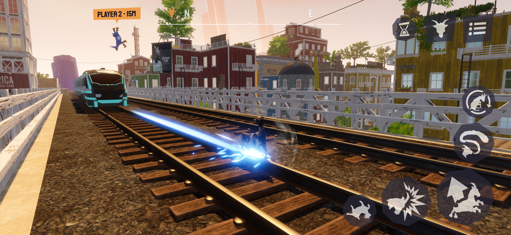 A goat running on train tracks with a blue energy trail in Goat Simulator 3 Multiverse