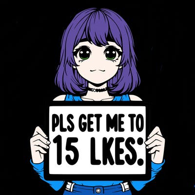 realistic girl holding up a sign that says “pls get me to 15 likes!”