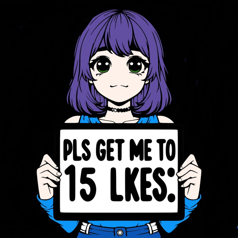 realistic girl holding up a sign that says “pls get me to 15 likes!”