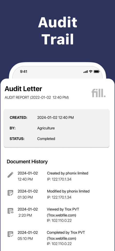 Audit trail screen displaying document history and timestamps for an e-signature app.