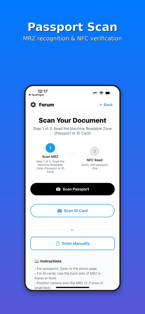 Forum Online - Tela do aplicativo móvel Fórum Online mostrando opções para escanear passaporte ou carteira de identidade para verificação de identidade.