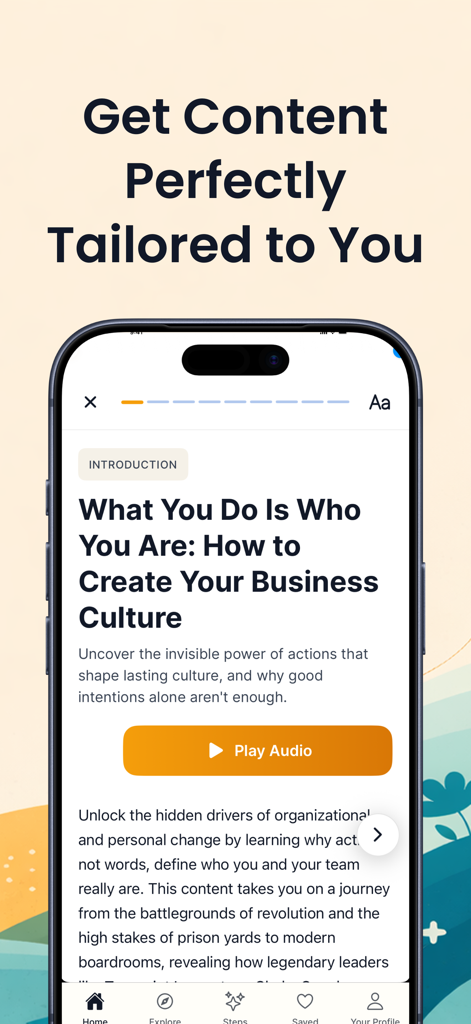 Mentorist: Learn, Act Achieve - Smartphone screen showing personalized book summary and audio playback in the Mentorist app