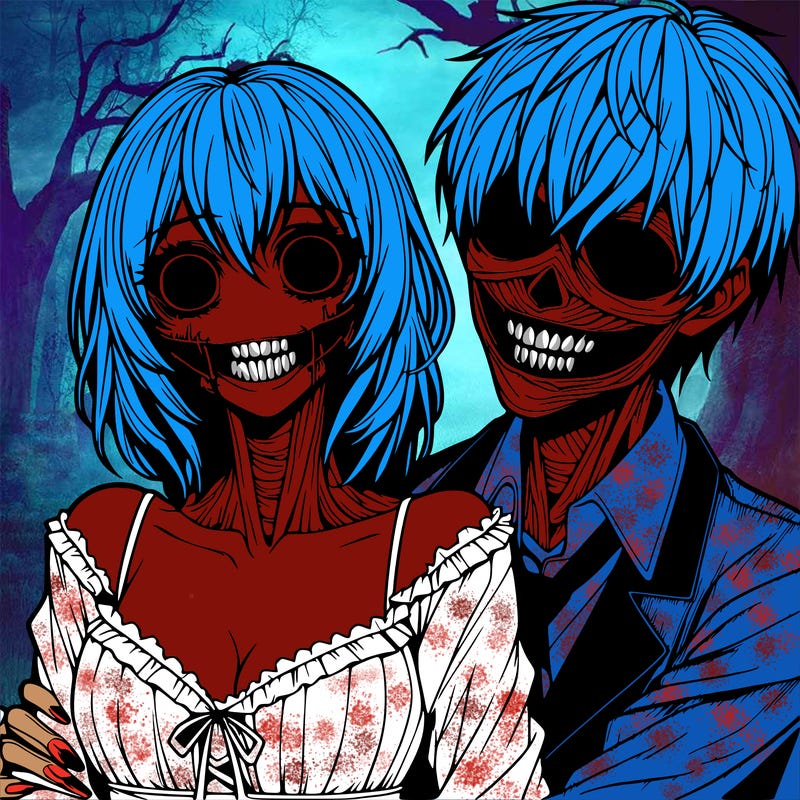 realistic scary creepy girl and boy couple romance horror anime