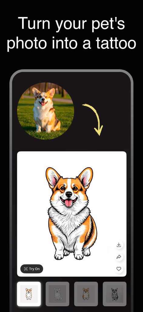 Ink.Art: Tattoo AI Generator - A mobile app interface showing a real photo of a corgi being transformed into an artistic tattoo design with a Try On button
