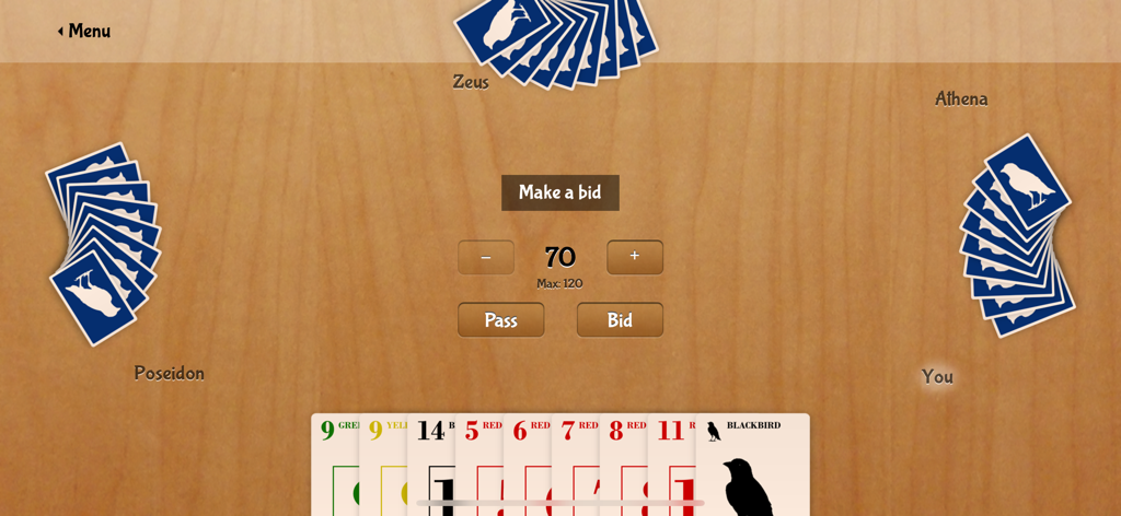 Blackbird! - A interface de lances do jogo de cartas Blackbird onde jogadores como Zeus e Athena competem em uma mesa de madeira virtual.