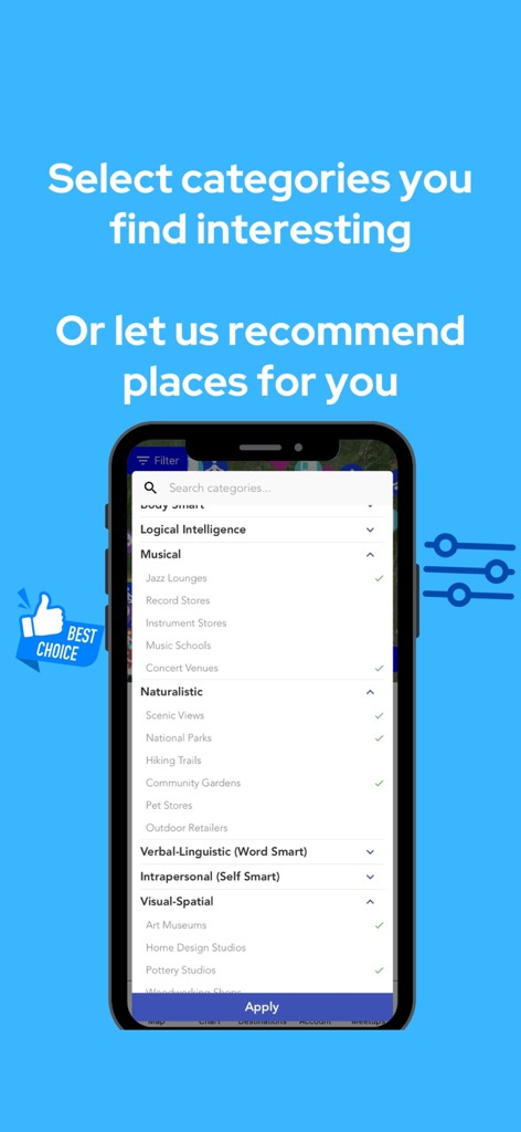 Know Yourself - Self Discovery - Know Yourself app interface showing category filters based on intelligence types for personalized destination discovery