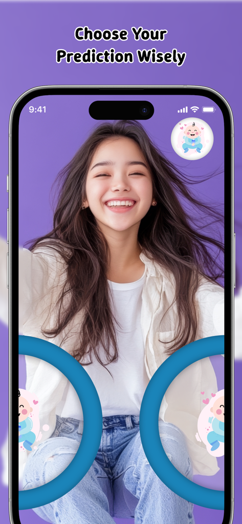 Interface of the Prediction Filter app showing a user taking a selfie with game overlays