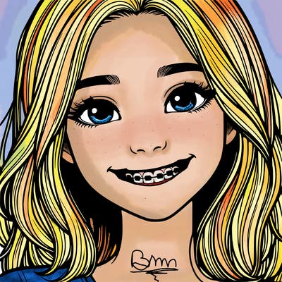 a girl with braces smiling with freckles realistic