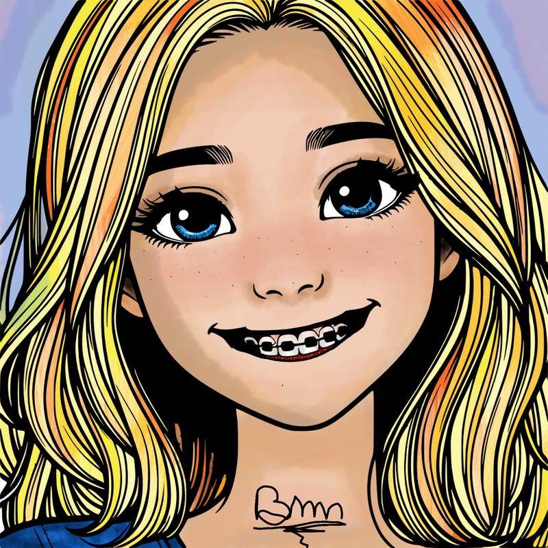 a girl with braces smiling with freckles realistic
