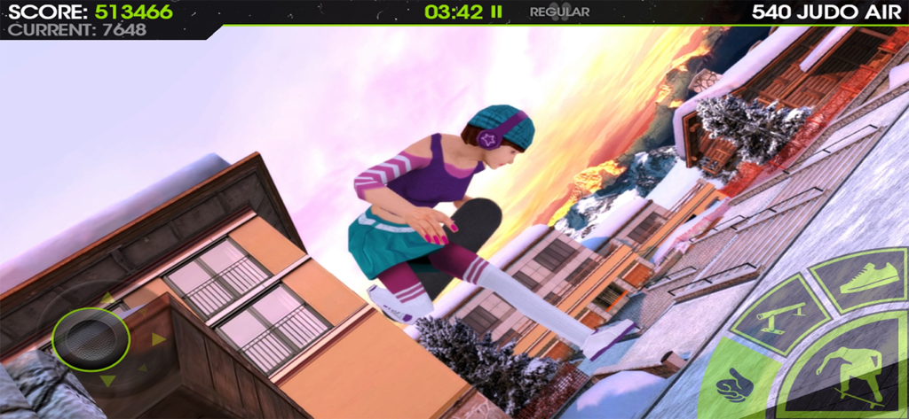 Una personaggio femminile esegue un 540 Judo Air in una località sciistica innevata in Skateboard Party 2.