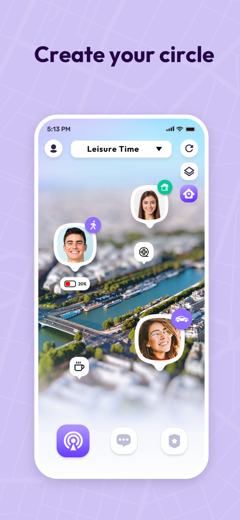 Interfaz de la aplicación móvil Link360 mostrando el rastreo de ubicación en tiempo real de los miembros de la familia en un mapa con el titular Crea tu círculo