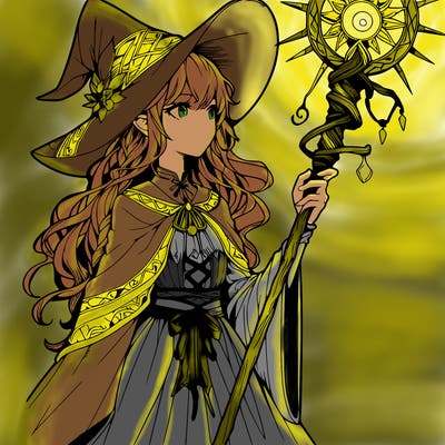 a realistic fantasy manga witch with a staff