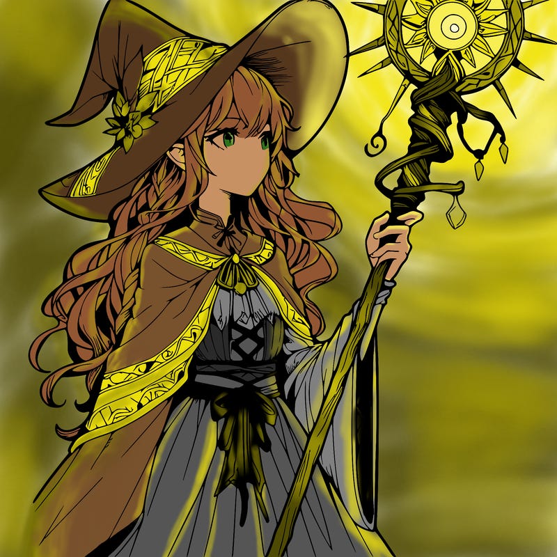 a realistic fantasy manga witch with a staff