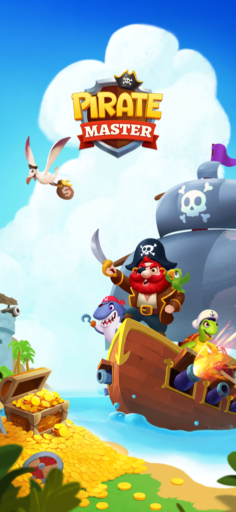A cartoon illustration of Pirate Master game featuring a pirate captain shark and turtle on a ship with a treasure chest of gold coins