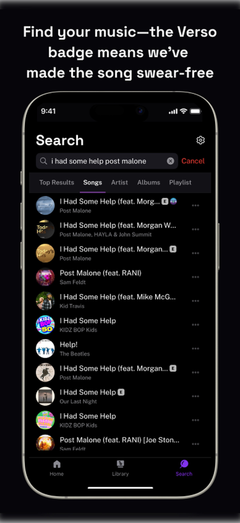 Verso: Clean Music AI - Versoアプリの検索インターフェース。不適切語がフィルターされた曲であることを示す紫色のバッジが付いた曲の結果を表示します。