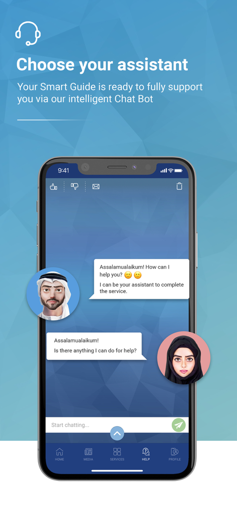 MOI UAE - MOI UAEアプリのスクリーンショット。男性と女性のアバターが表示されたスマートアシスタントチャットボット選択画面が表示されています