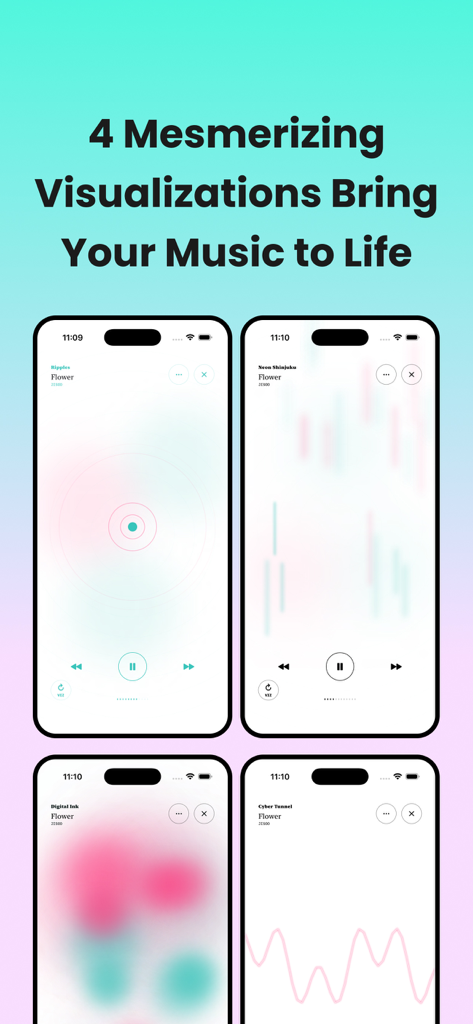 OS-39: Offline Music Player - Four iPhone screens displaying different music visualization themes like Ripples and Neon Shinjuku