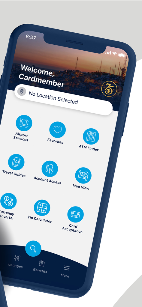 Main dashboard of the Diners Club International mobile app featuring travel tools such as airport services, travel guides, and account access.