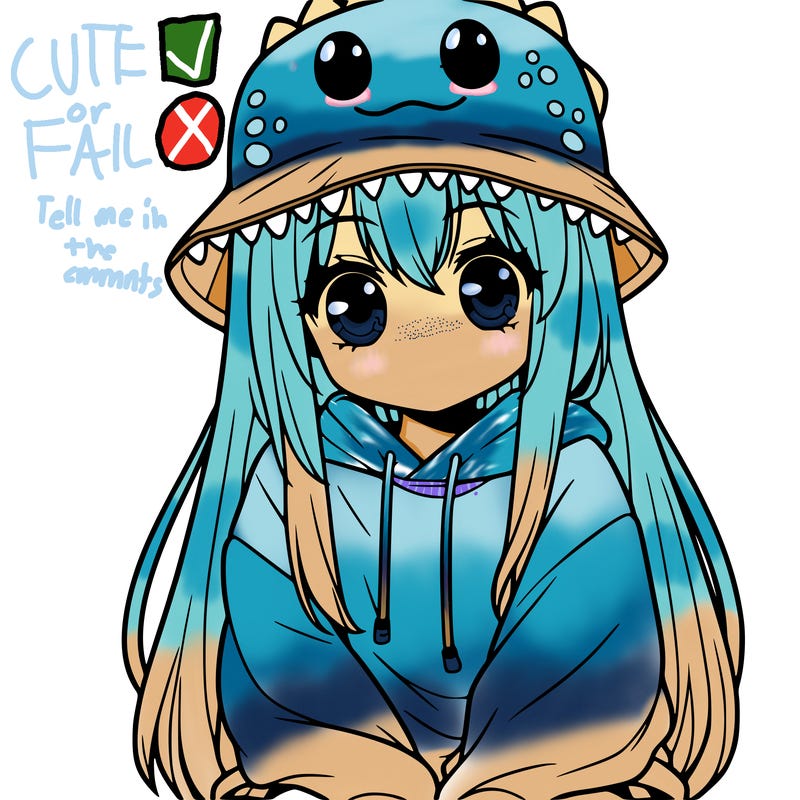 girl with anime shaped eyes with a dinosaur bucket hat oversized sweatshirt long straight hair
