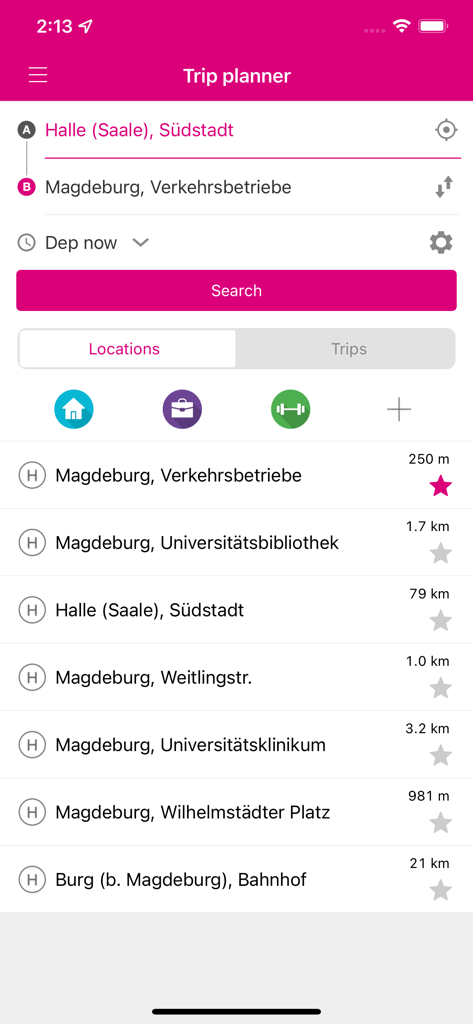 INSA mobile App Routenplaner-Bildschirm mit Optionen zur Routensuche zwischen Halle und Magdeburg in Sachsen-Anhalt, Deutschland