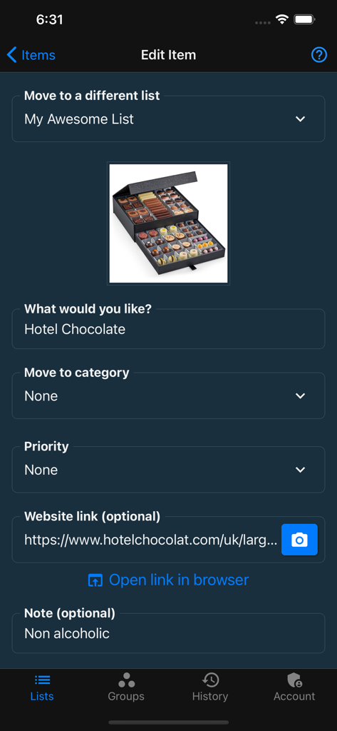 Things To Get Me - A screen in the Things To Get Me app for editing gift details like name website link and custom notes