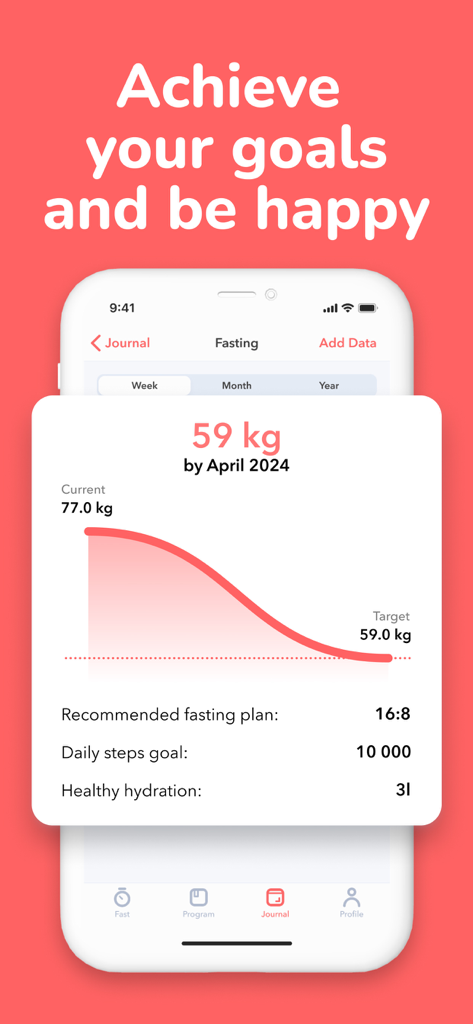 Intermittent Fasting Tracker! - Un gráfico de progreso de pérdida de peso y una pantalla de metas de salud en la aplicación Intermittent Fasting Tracker.