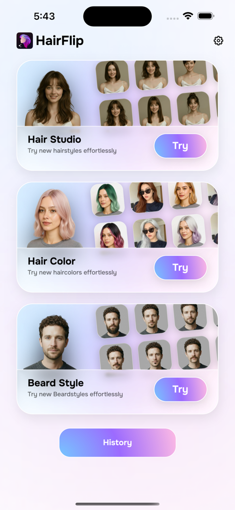 The HairFlip app main menu displaying categories for AI hairstyle, hair color, and beard style try-on.