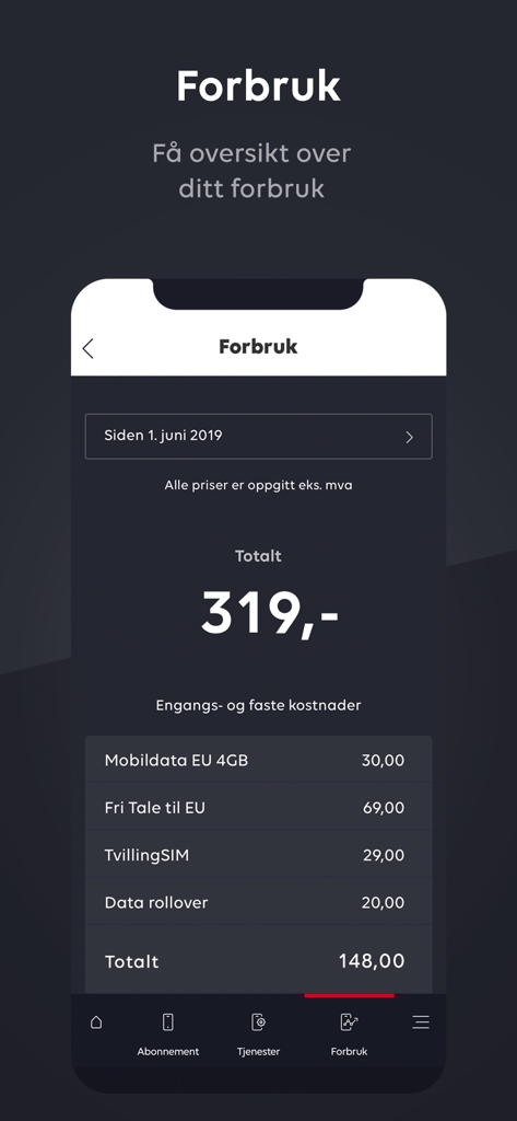 Interface of the Ditt Phonero app showing a detailed breakdown of monthly mobile usage costs and subscription fees.