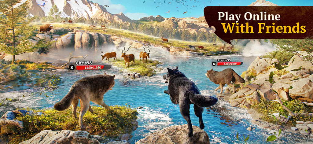 Tres lobos cazando juntos en un paisaje montañoso realista en 3D con otros jugadores en línea