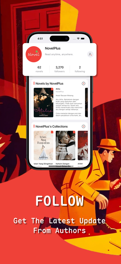 NovelPlus app screen showing the follow feature to get the latest updates from authors.