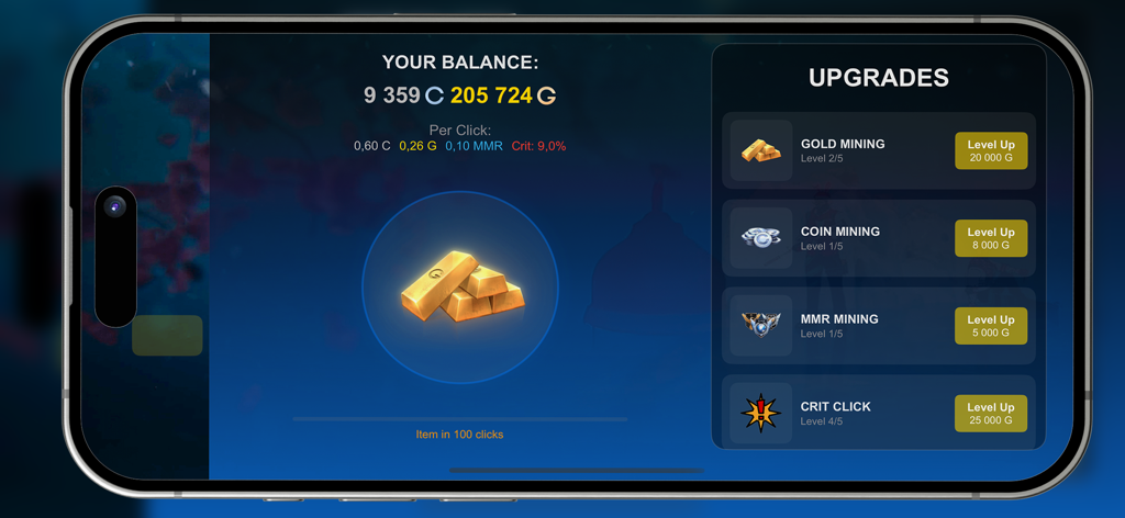 Interfaz de juego móvil para Simulador de Cajas para Standoff 2 mostrando el saldo de la moneda y un menú de mejoras de minería de oro y monedas.