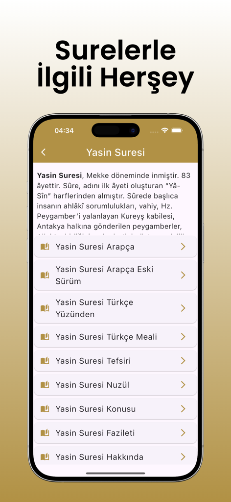 Menú de la aplicación móvil para Yasin Suresi que muestra opciones de lectura en árabe, traducción turca, tafsir y virtudes.
